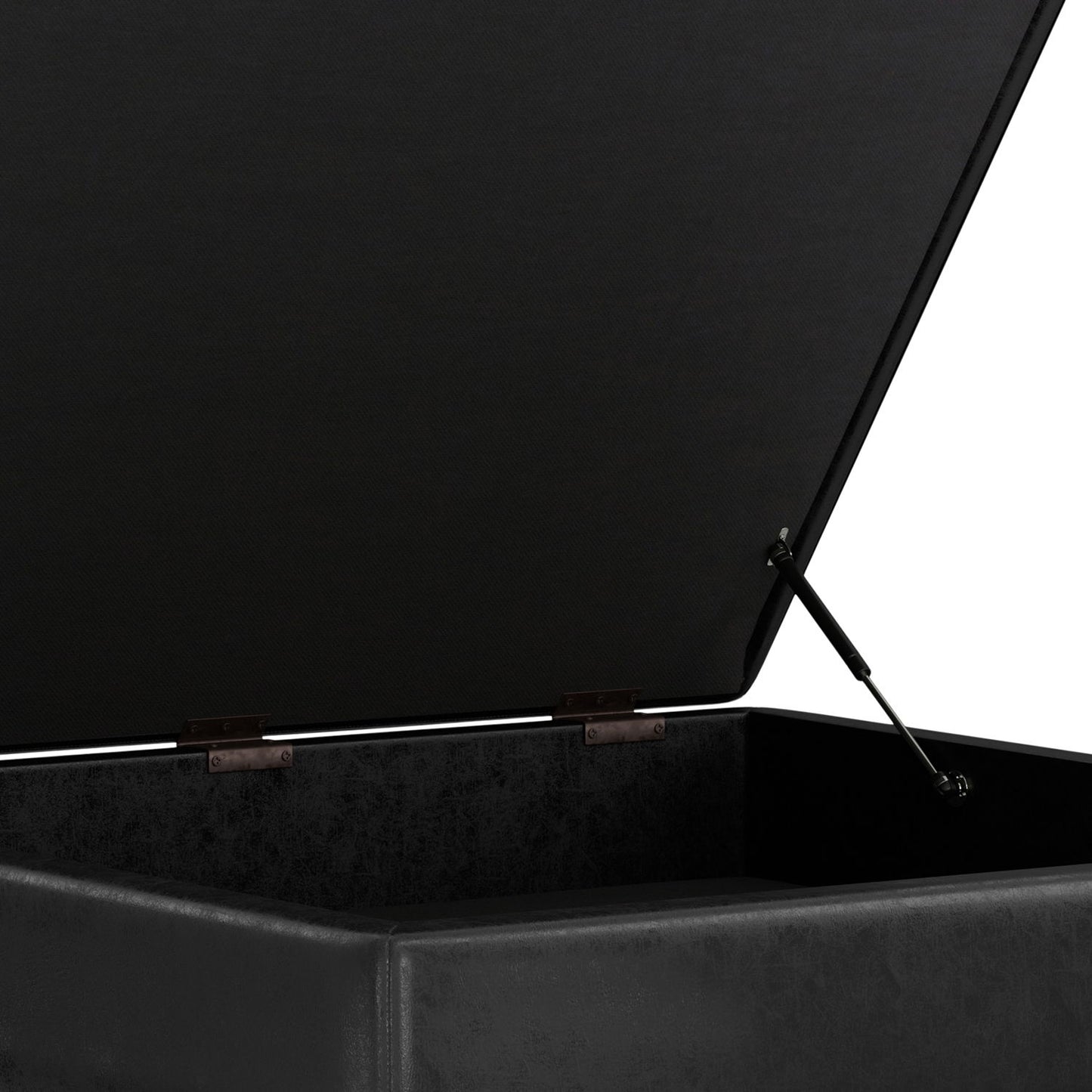 A close-up view of the Owen Multifunctional Square Coffee Table Storage Ottoman in black, featuring an open hinged lid with gas lift support and highlighting its spacious, empty interior.