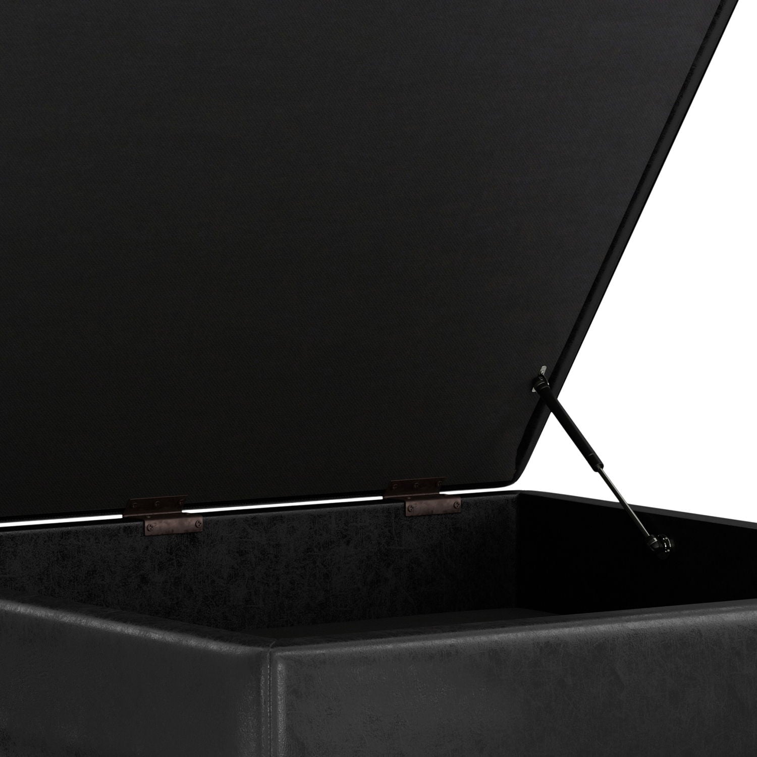 A close-up view of the Owen Multifunctional Square Coffee Table Storage Ottoman in black, featuring an open hinged lid with gas lift support and highlighting its spacious, empty interior.