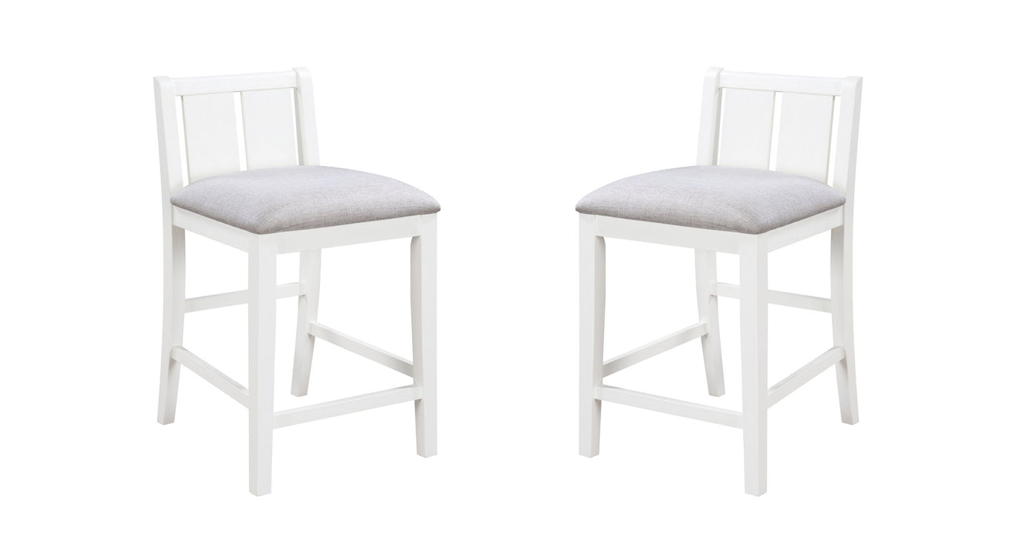 The Graham 3 Piece Small Space Counter Height Dining Table Set includes two white wooden chairs with light gray cushioned seats, simple backrests, and footrests, shown facing each other on a plain white background.