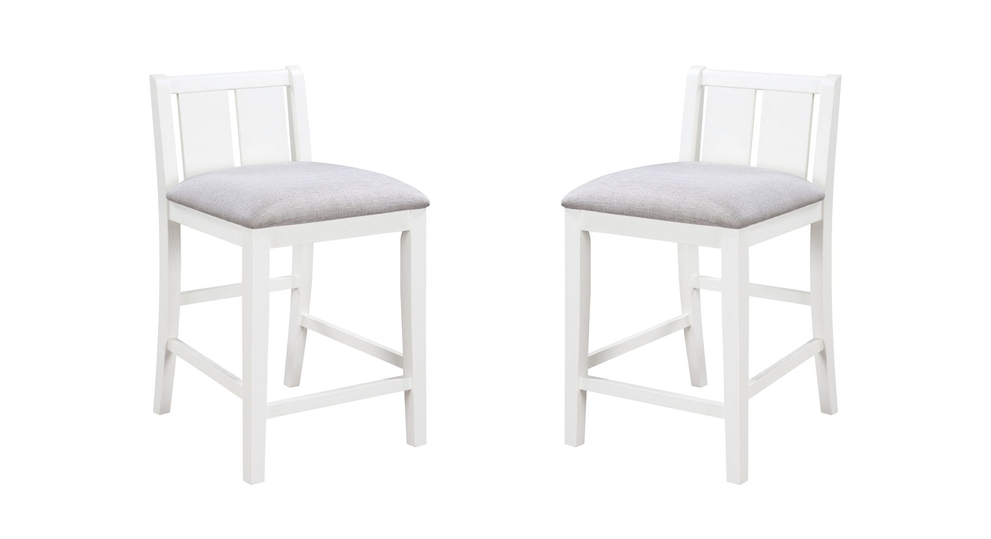 The Graham 3 Piece Small Space Counter Height Dining Table Set includes two white wooden chairs with light gray cushioned seats, simple backrests, and footrests, shown facing each other on a plain white background.