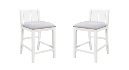 The Graham 3 Piece Small Space Counter Height Dining Table Set includes two white wooden chairs with light gray cushioned seats, simple backrests, and footrests, shown facing each other on a plain white background.