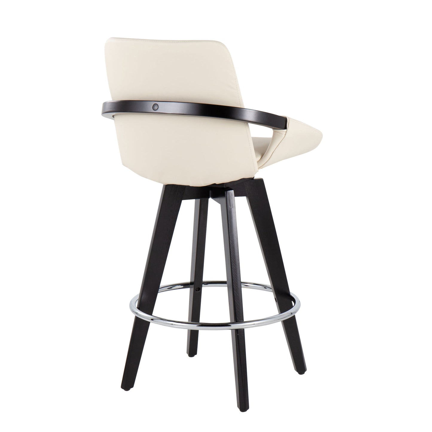 The Cosmo Contemporary Fixed Height Counter Stool (Set of 2) features a cream cushioned seat and back, dark wood legs, a round chrome footrest, and curved armrests; shown from the rear to highlight its modern design and swivel function.