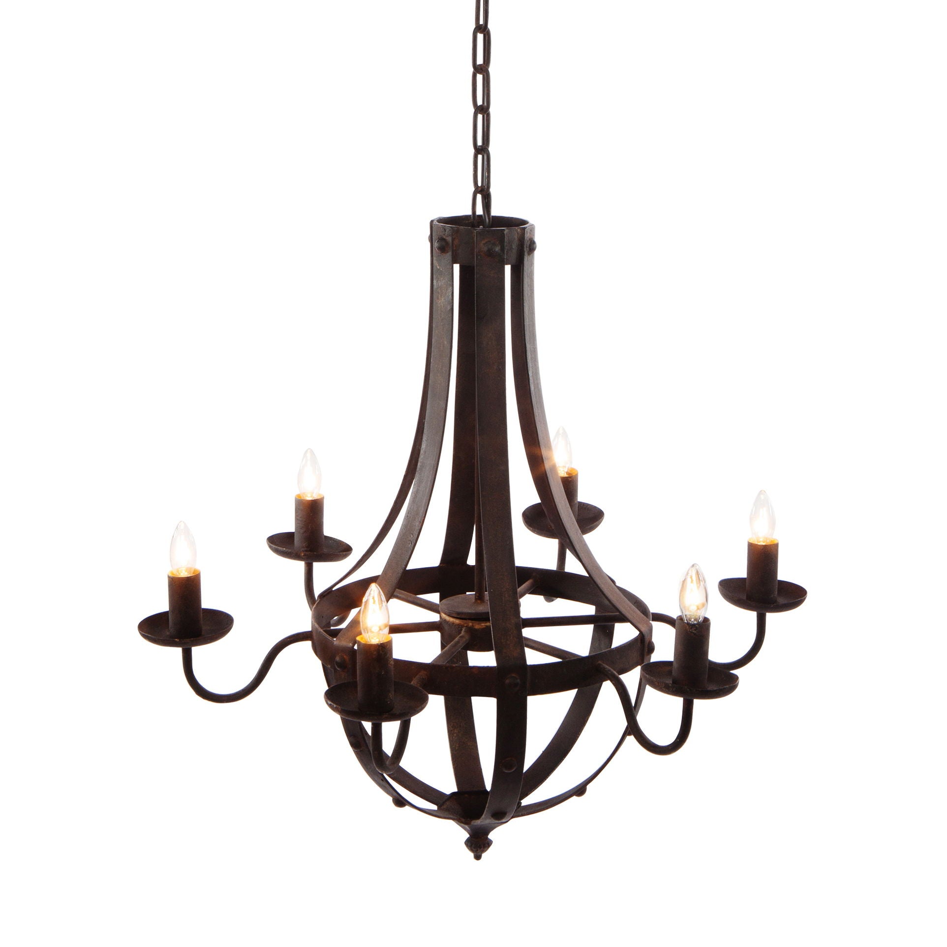 The 6 Light Metal Chandelier is a rustic black hanging fixture with curved vertical bars and six candle-style lights arranged in a circle. It features an adjustable chain and is ideal for kitchens. Bulbs not included.