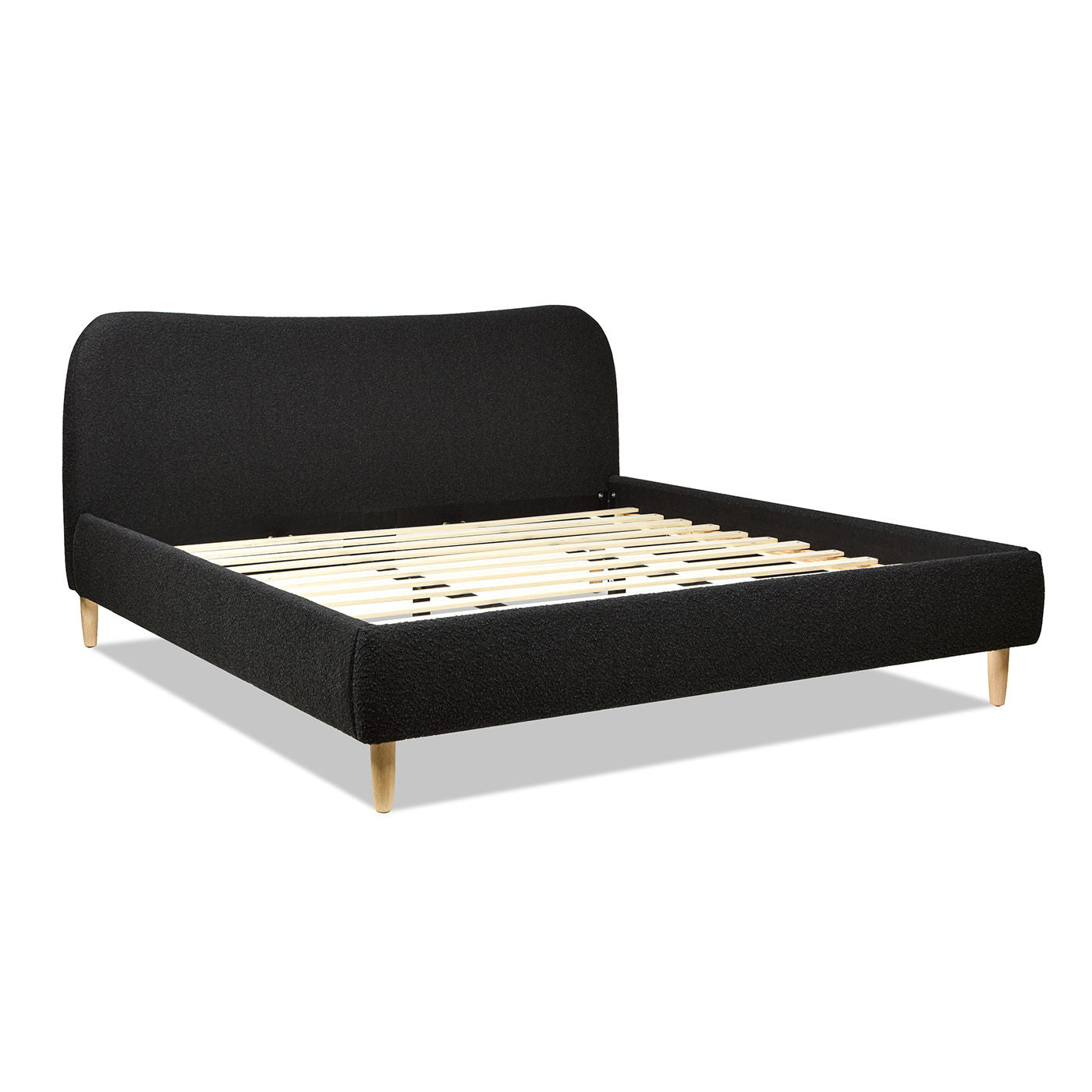 The Roman - Curved Headboard Upholstered Platform Bed features a modern design with a curved black upholstered headboard and side rails, wooden slats for support, and light wood legs, pictured on a white background.