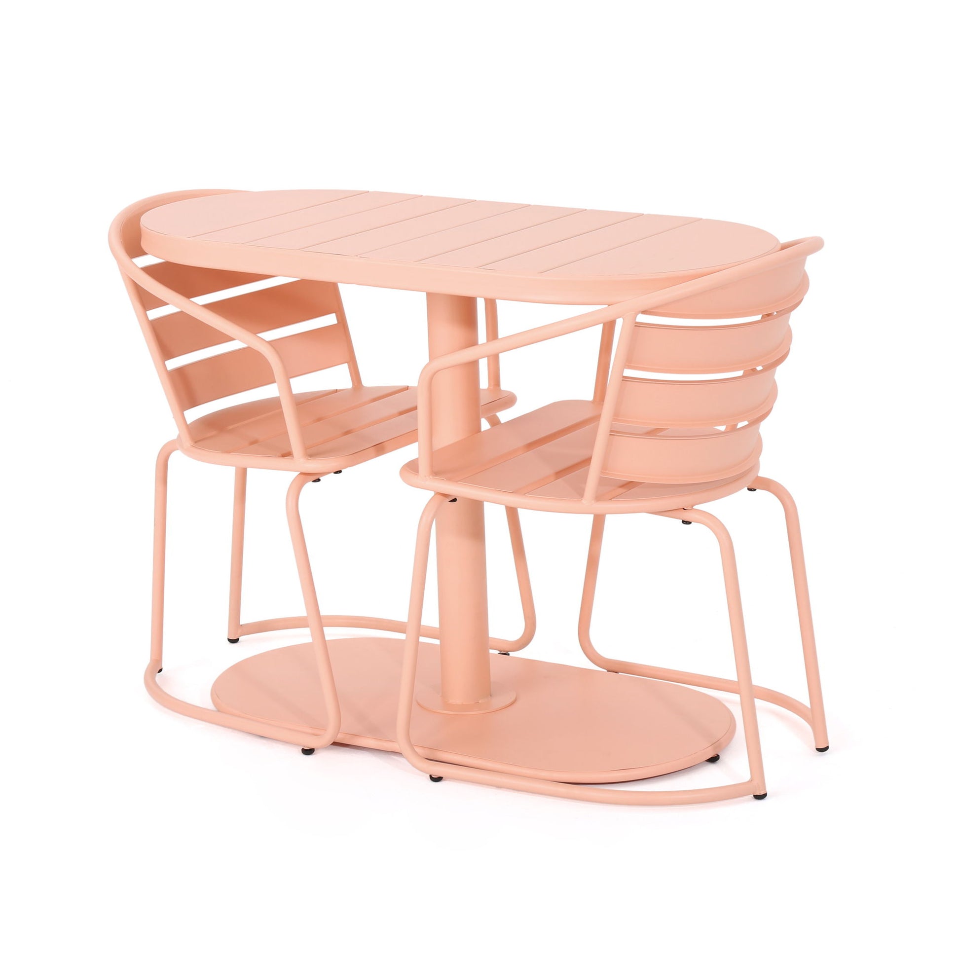 The 3 Piece Elegant Outdoor Bistro Set includes a peach-colored oval table and two matching chairs with sleek curved lines and a minimalist design. The chairs fit closely under the table, making it perfect for modern outdoor spaces.