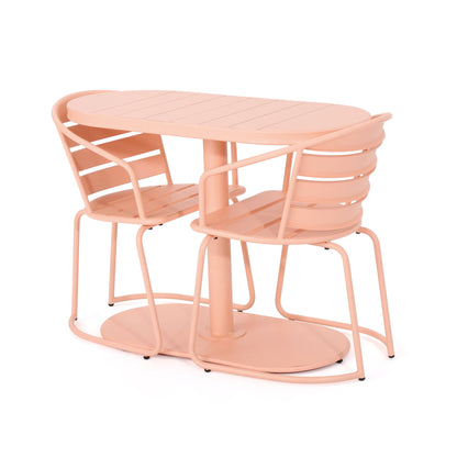 The 3 Piece Elegant Outdoor Bistro Set includes a peach-colored oval table and two matching chairs with sleek curved lines and a minimalist design. The chairs fit closely under the table, making it perfect for modern outdoor spaces.