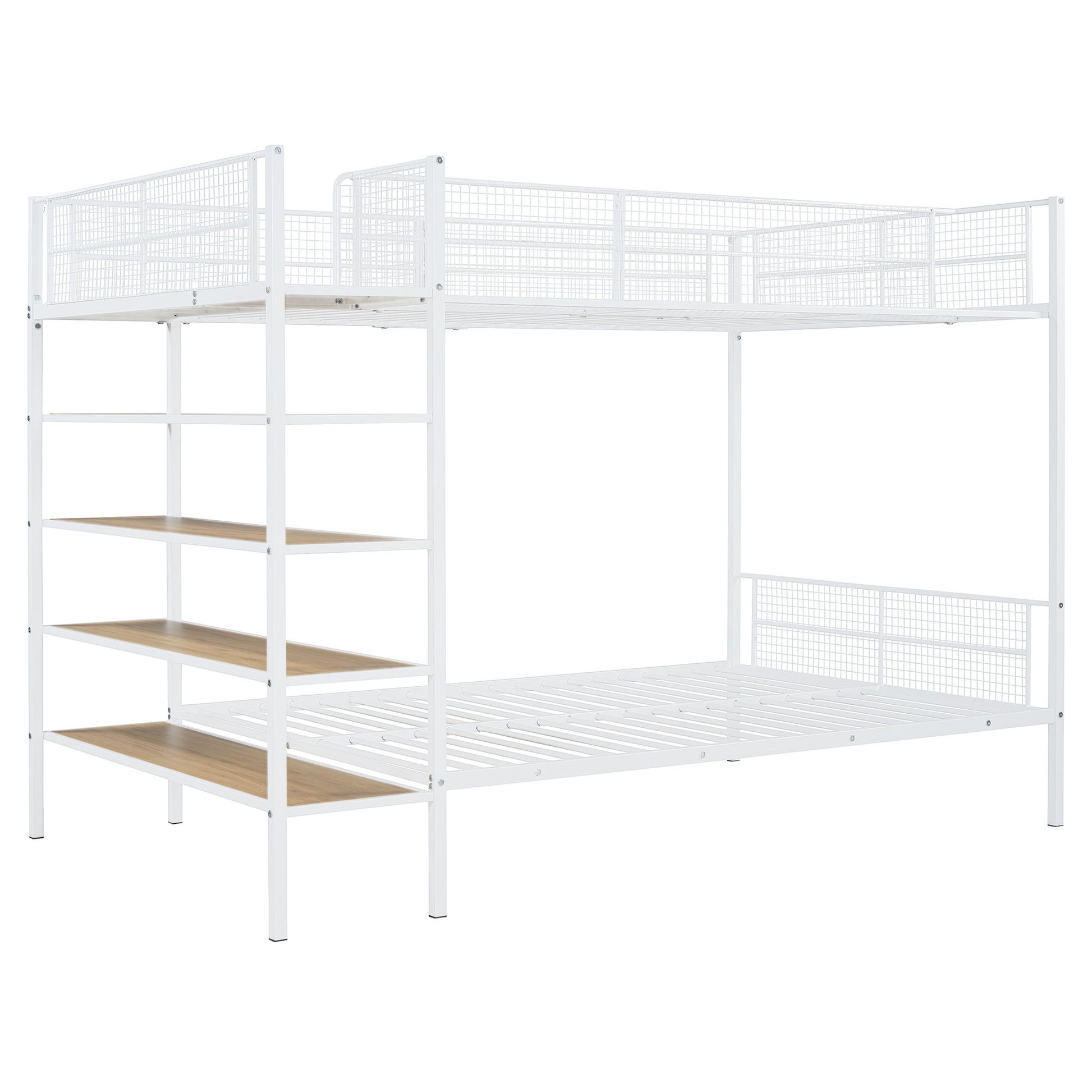 The Bunk Bed With 5 Tier Shelves features a white metal frame with mesh railings, built-in side shelving with five wooden shelves, and an open, minimalist design. Mattresses are not included.