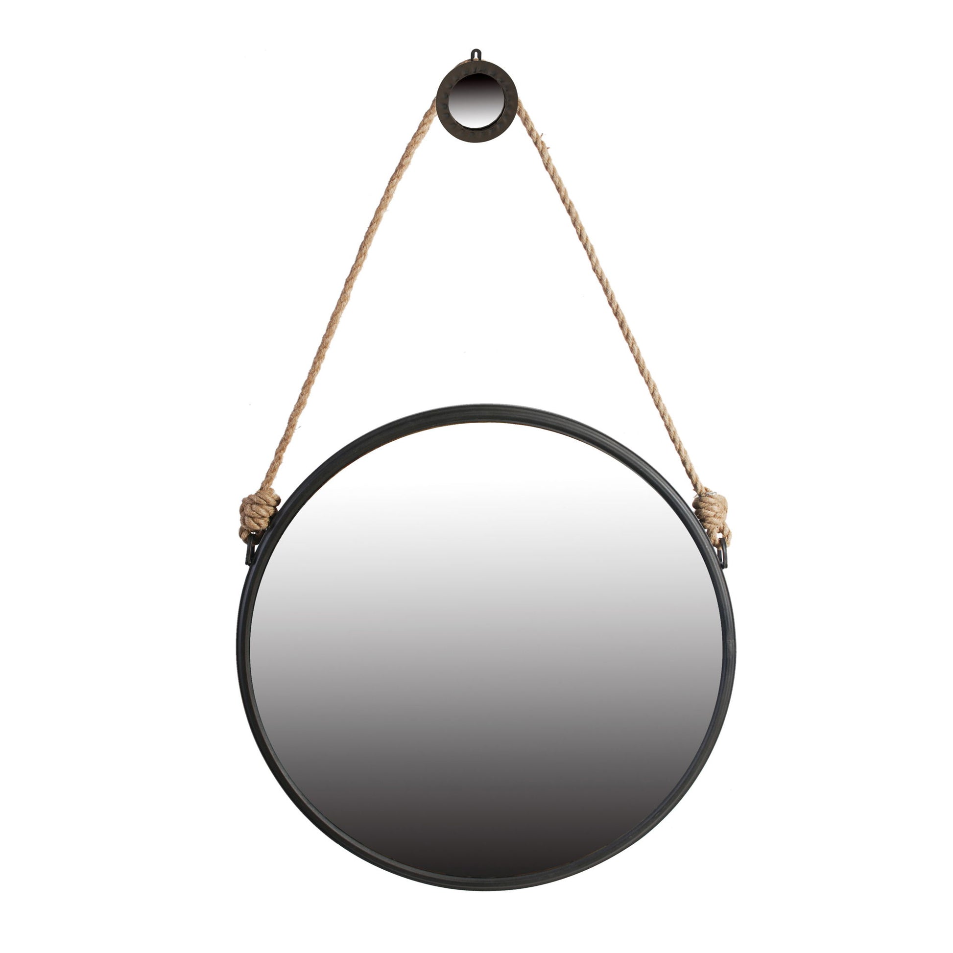 The Handsome Cleveland Mirror features a contemporary circular design with a black metal frame and a thick rope strap, knotted at each side and attached to a round wall hook, perfect for stylish wall decor.