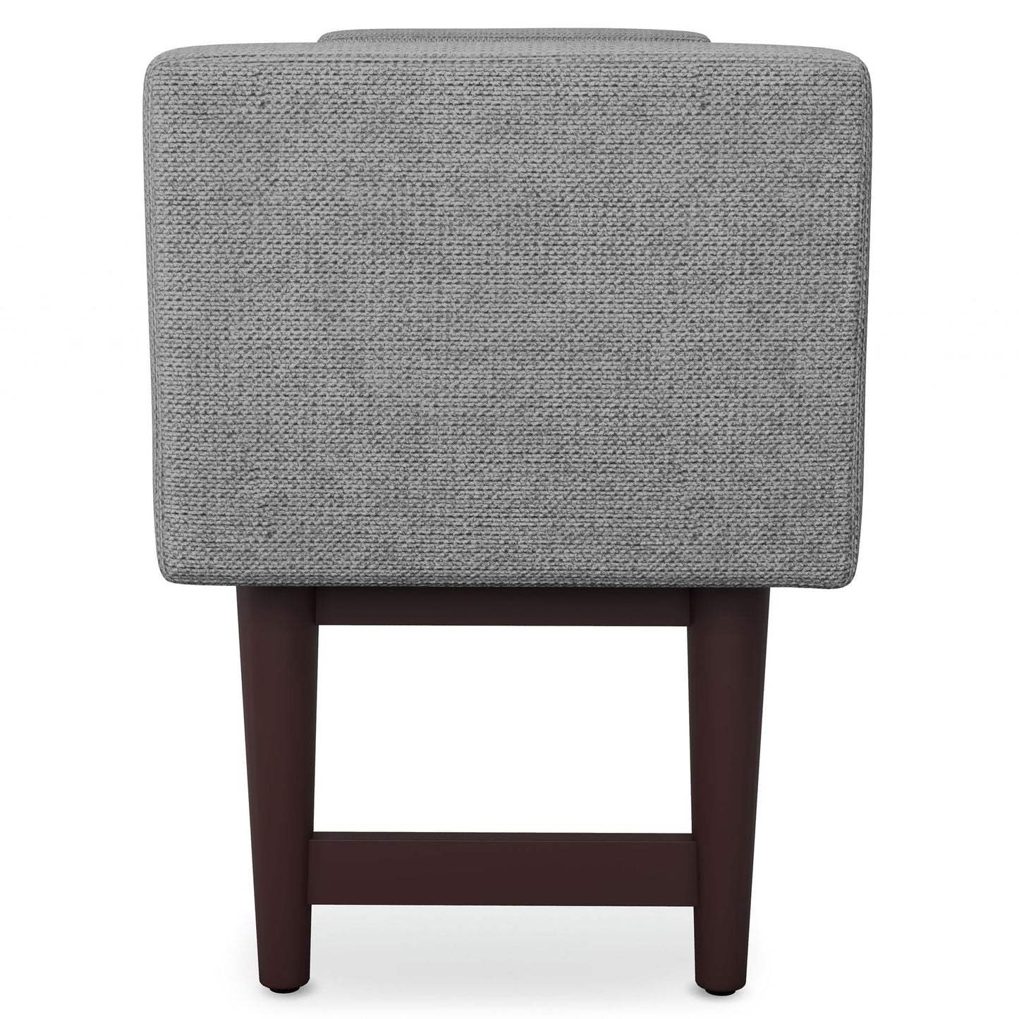 The Scott Upholstered Ottoman Bench features a gray textured fabric backrest and dark wooden legs, displayed from the back against a white background.
