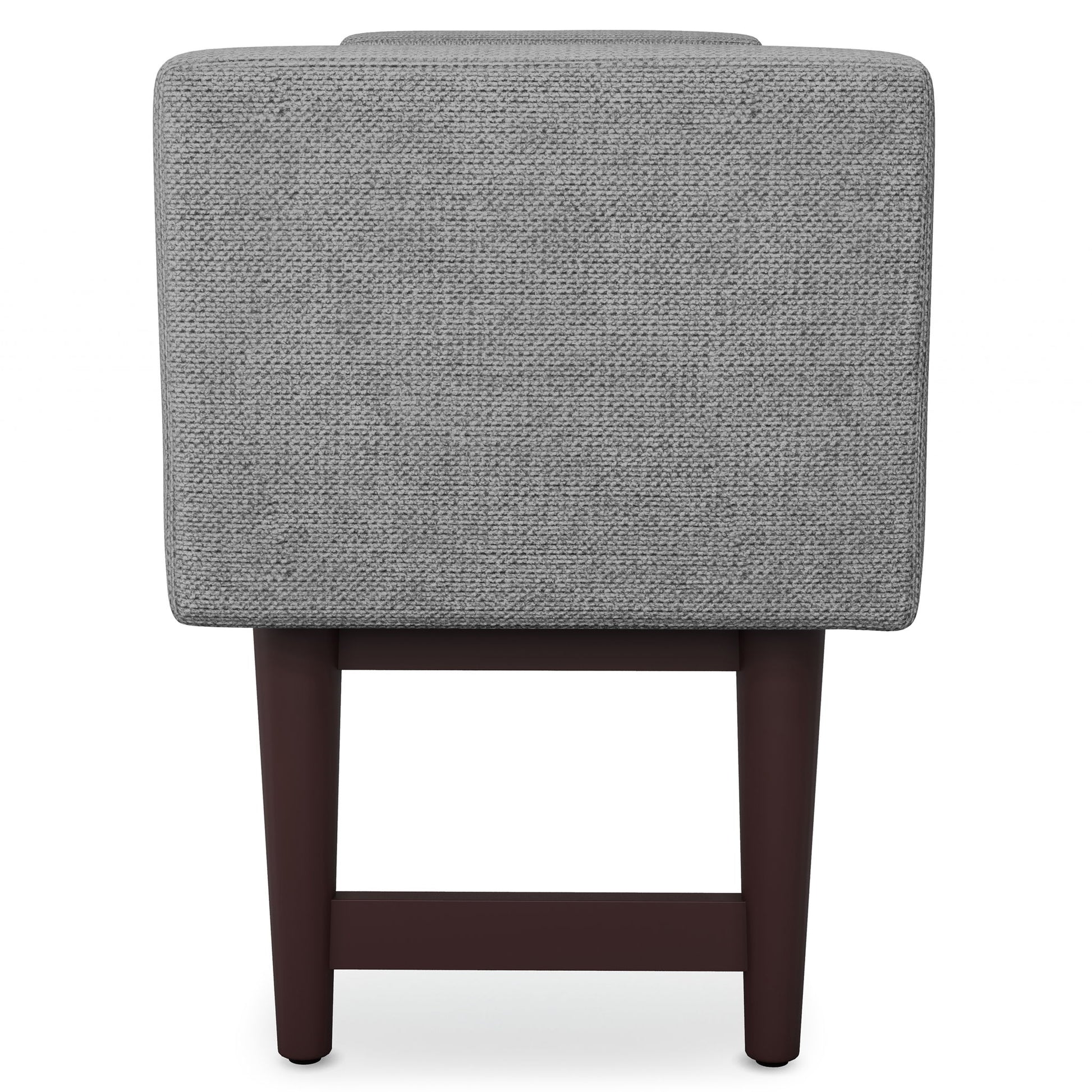 The Scott Upholstered Ottoman Bench features a gray textured fabric backrest and dark wooden legs, displayed from the back against a white background.