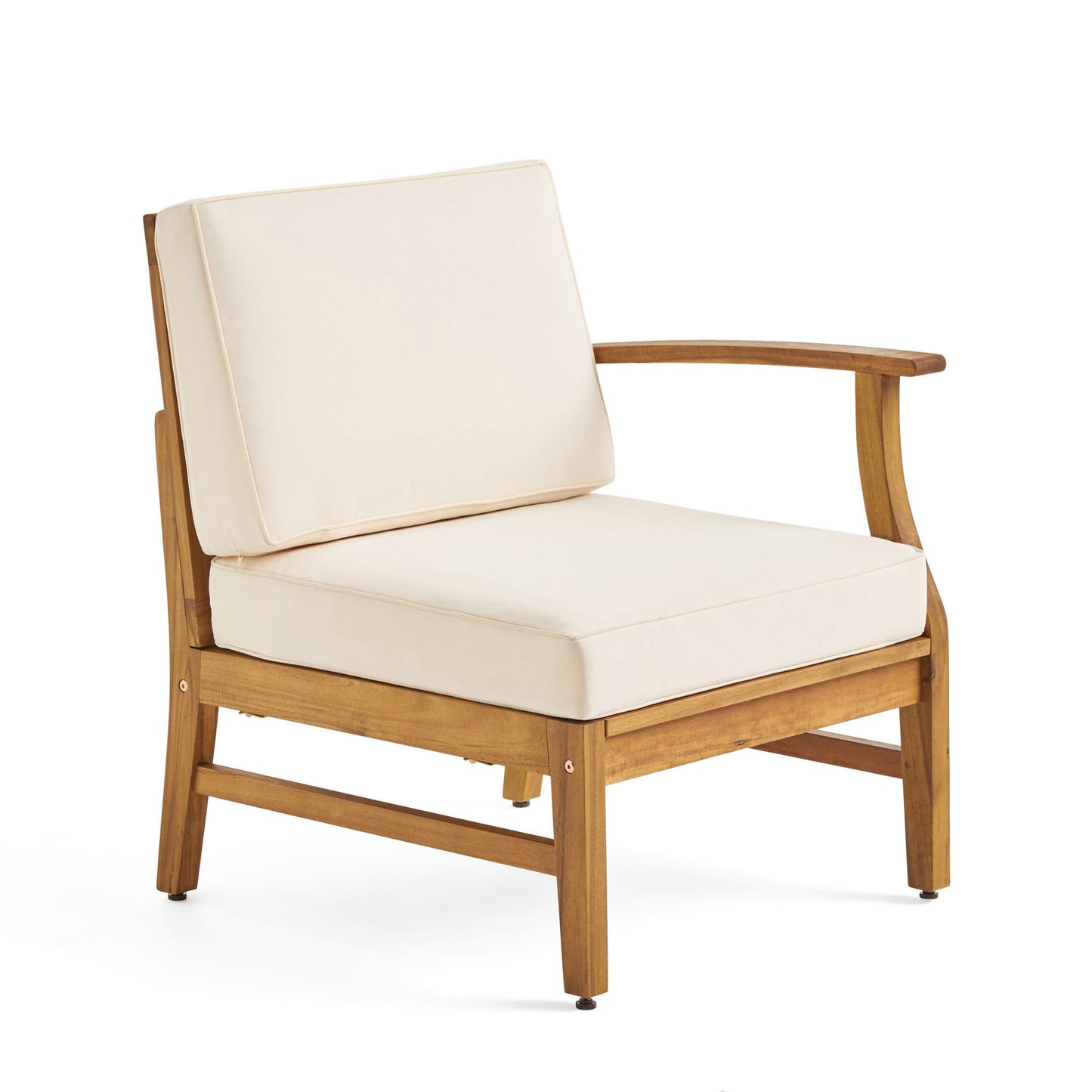 The Perla - 3 Seater Sofa And Table Set features simple, modern lines with a wooden frame, light beige seat and backrest cushions, and slightly angled armrests.