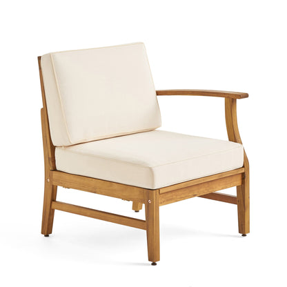 The Perla - 3 Seater Sofa And Table Set features simple, modern lines with a wooden frame, light beige seat and backrest cushions, and slightly angled armrests.