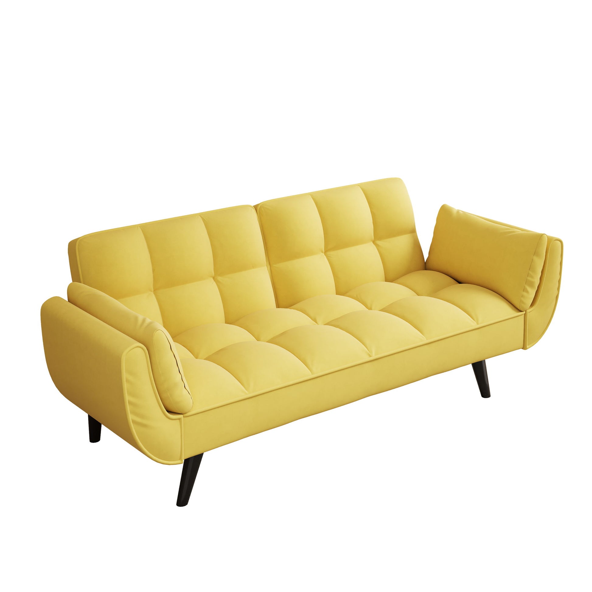 The Sofa Soft features two armrests, throw pillows, and a comfortable fit, ideal for apartments and small spaces. Its modern yellow design has tufted cushions, angled black legs, padded armrests, and a slightly reclined back.