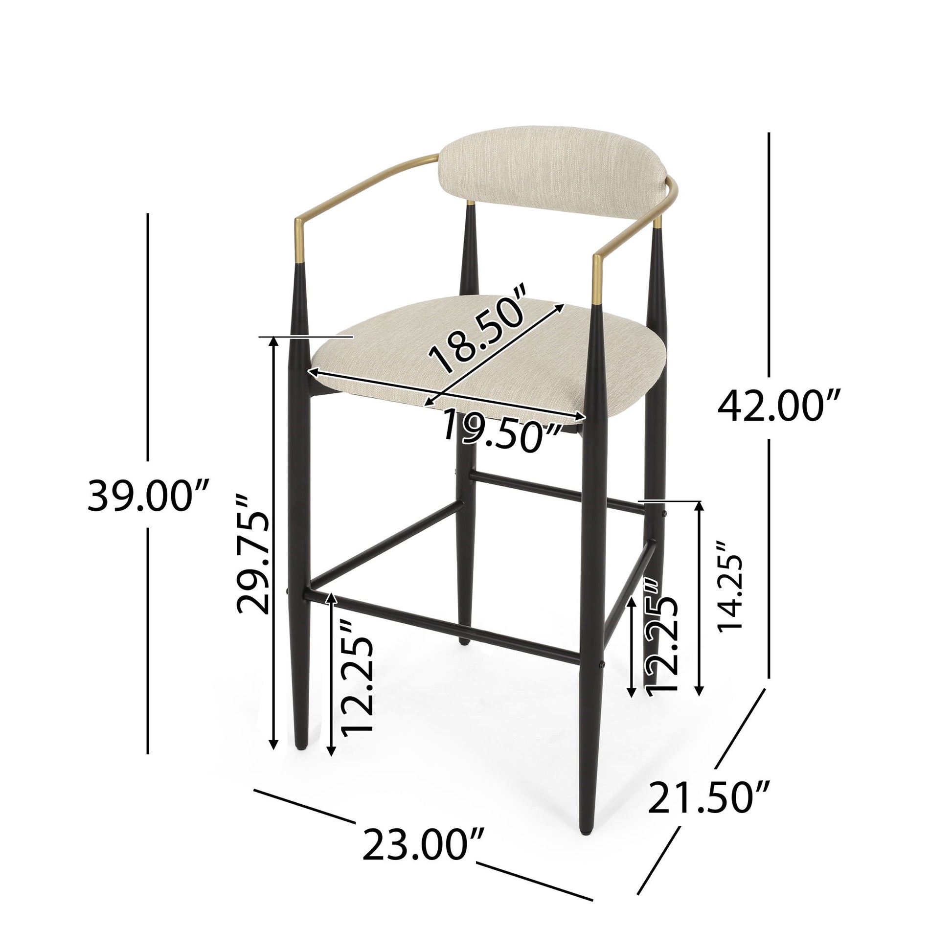 The Counter Height Upholstered Barstools (Set of 2) feature beige cushioned seats and backs, black legs, gold armrests, seat width 19.5", depth 18.5", seat height 29.75", overall height 42", and more listed dimensions.