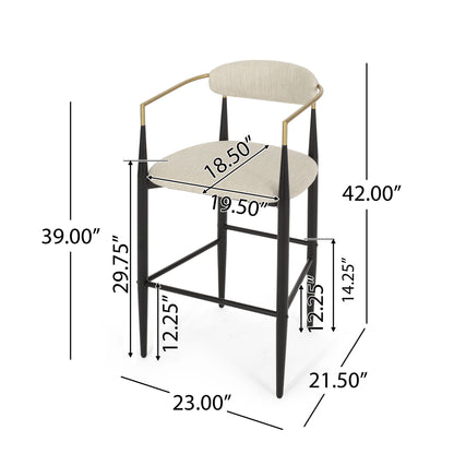 The Counter Height Upholstered Barstools (Set of 2) feature beige cushioned seats and backs, black legs, gold armrests, seat width 19.5", depth 18.5", seat height 29.75", overall height 42", and more listed dimensions.