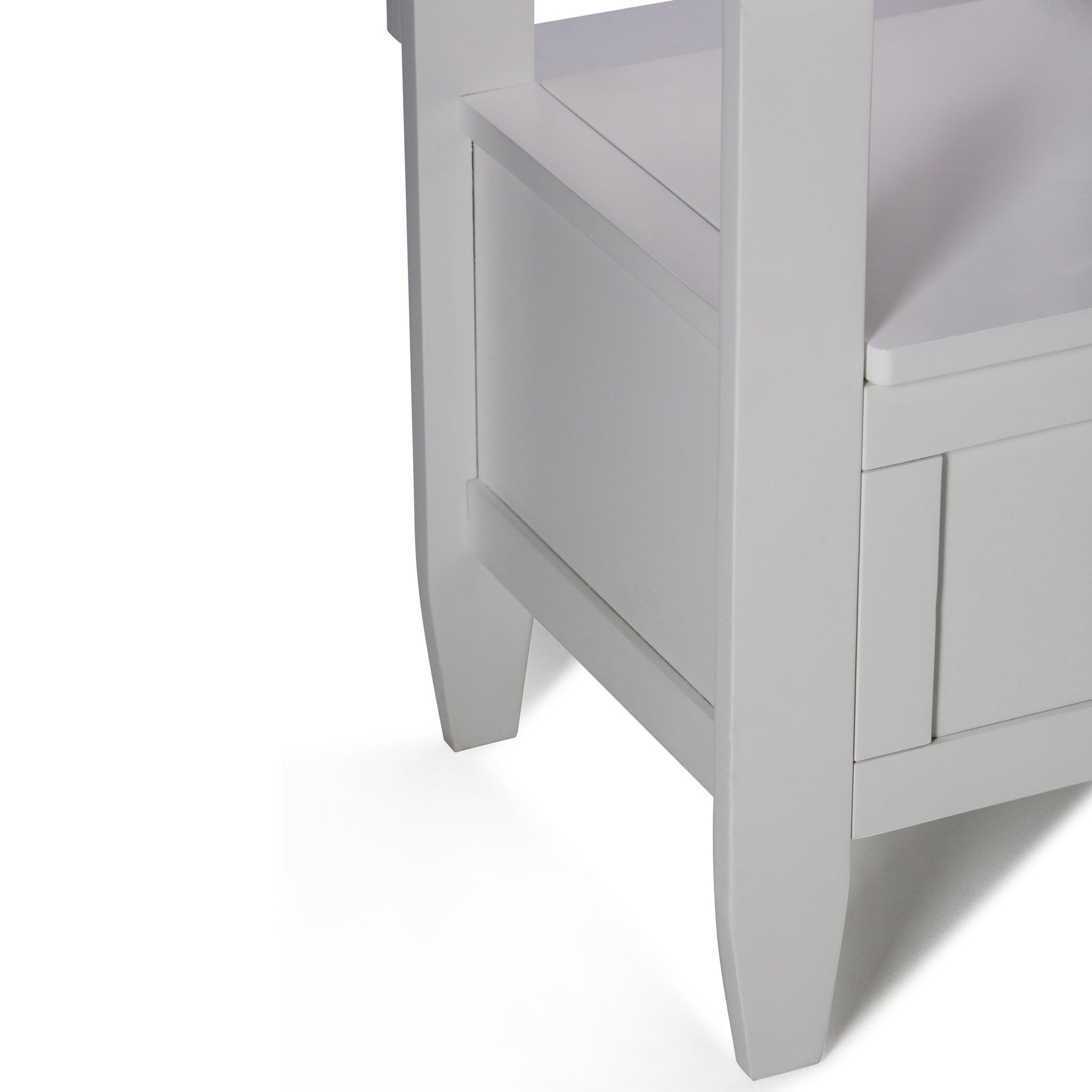 Close-up of the lower side of the Brooklyn Handcrafted Entryway Storage Bench, featuring a storage compartment and straight legs, shown against a plain white background.