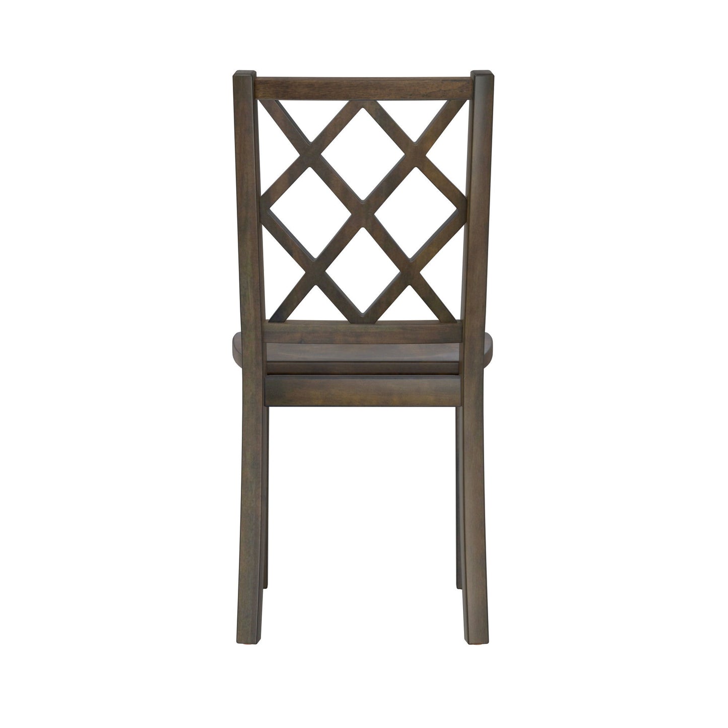 The product "Velvety - 5 Piece Dining Table Set - Brown" includes a wooden chair with a lattice-patterned backrest consisting of intersecting diagonal slats, offering a simple and classic style finished in dark brown.