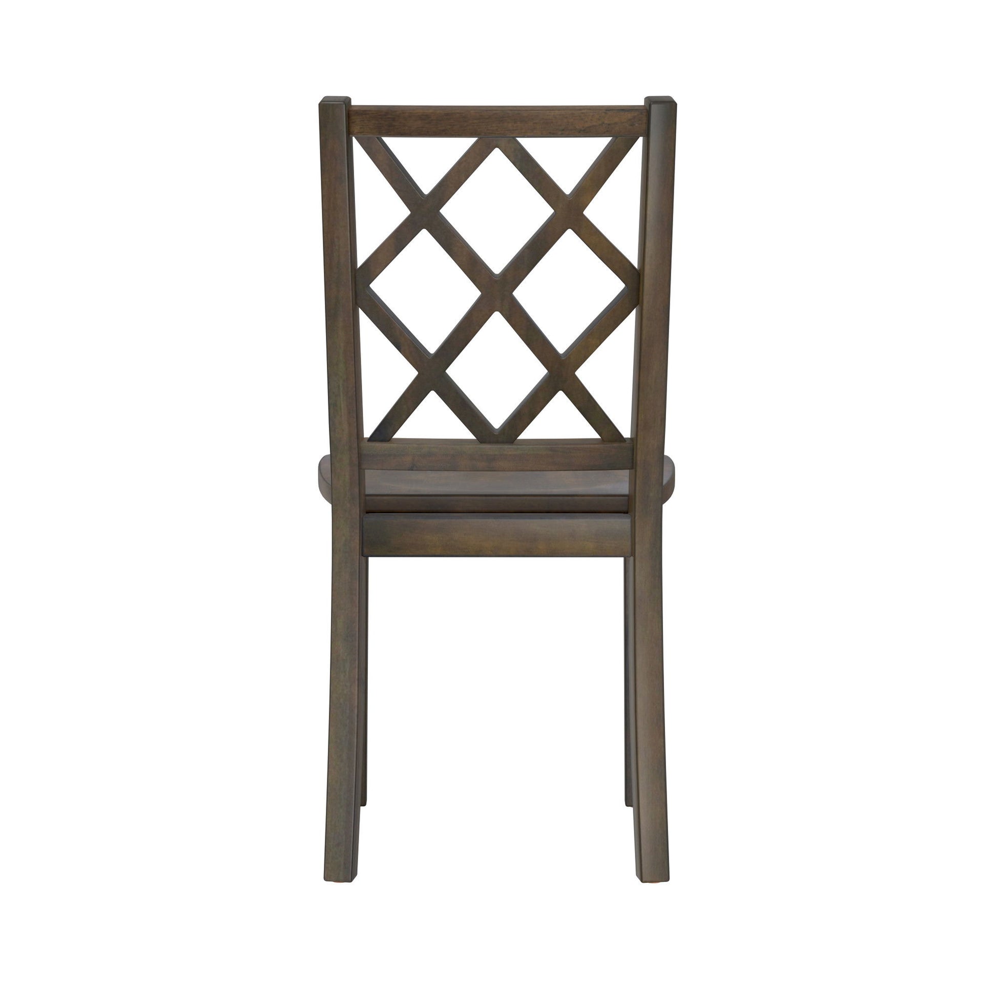 The product "Velvety - 5 Piece Dining Table Set - Brown" includes a wooden chair with a lattice-patterned backrest consisting of intersecting diagonal slats, offering a simple and classic style finished in dark brown.