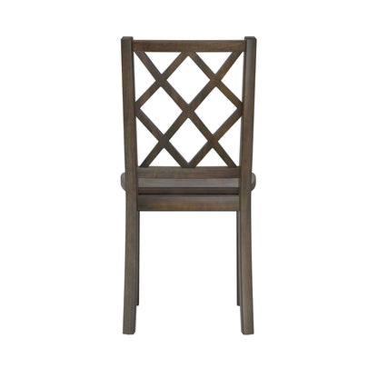 The product "Velvety - 5 Piece Dining Table Set - Brown" includes a wooden chair with a lattice-patterned backrest consisting of intersecting diagonal slats, offering a simple and classic style finished in dark brown.