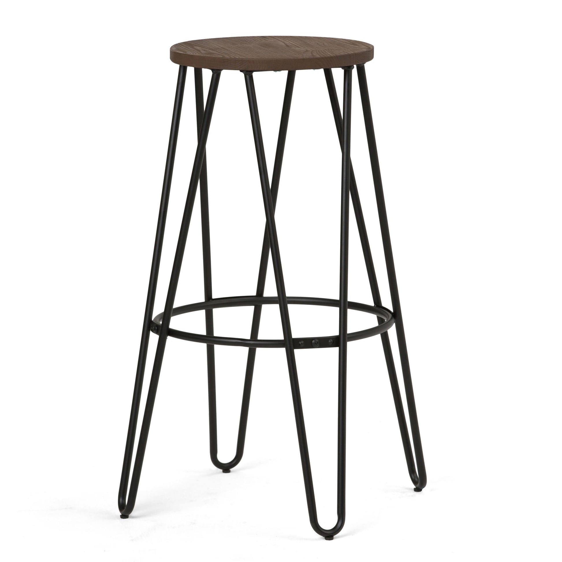 The Simeon Multifunctional Metal Stool features a round dark wood seat, black metal hairpin legs, and a circular metal footrest connecting the legs.