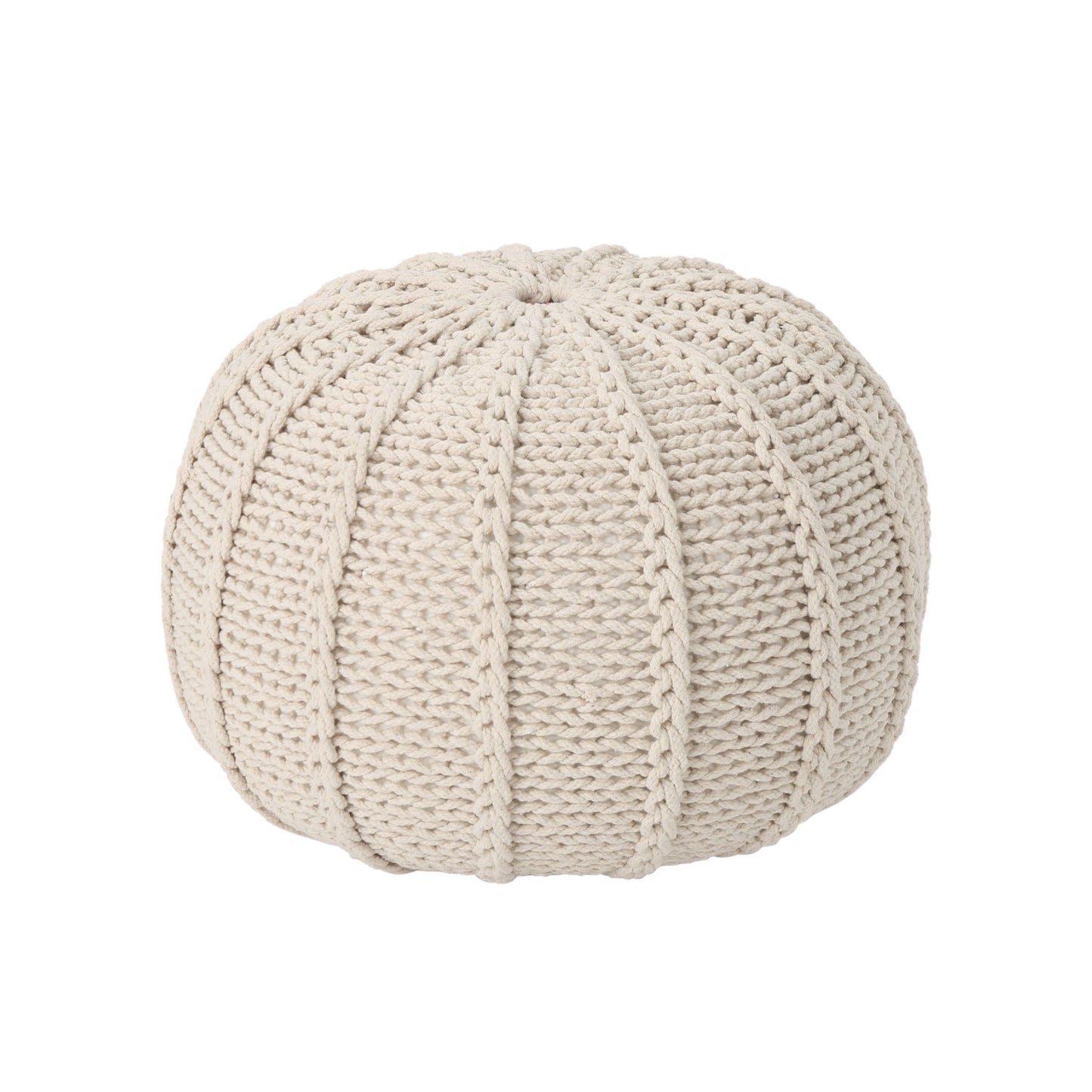 The Bordeaux Knitted Cotton Round Pouf Ottoman is a beige, ribbed, textured floor cushion perfect for seating or decor.