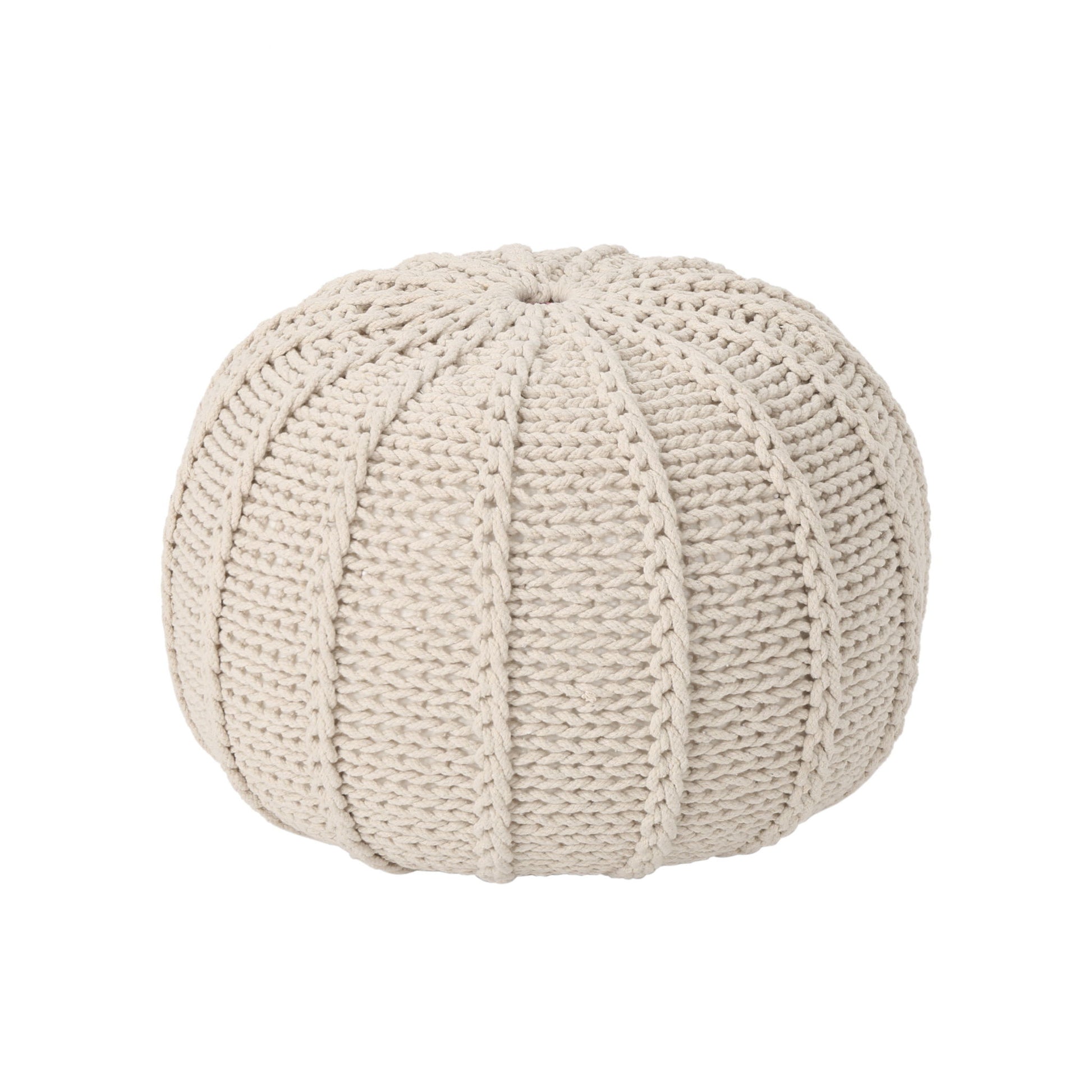 The Bordeaux Knitted Cotton Round Pouf Ottoman is a beige, ribbed, textured floor cushion perfect for seating or decor.