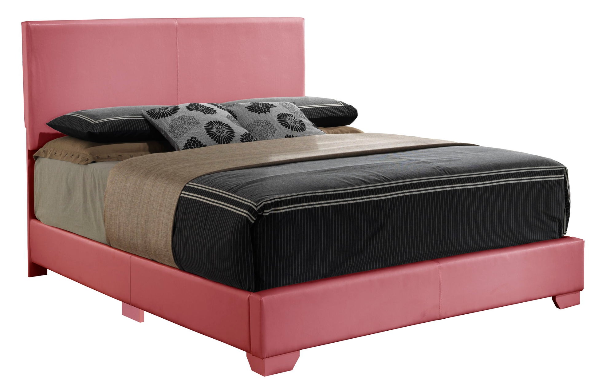 The Elegant Platform Bed For Relaxed Spaces features pink upholstery, a tall headboard, brown and black bedding, and three floral decorative pillows.