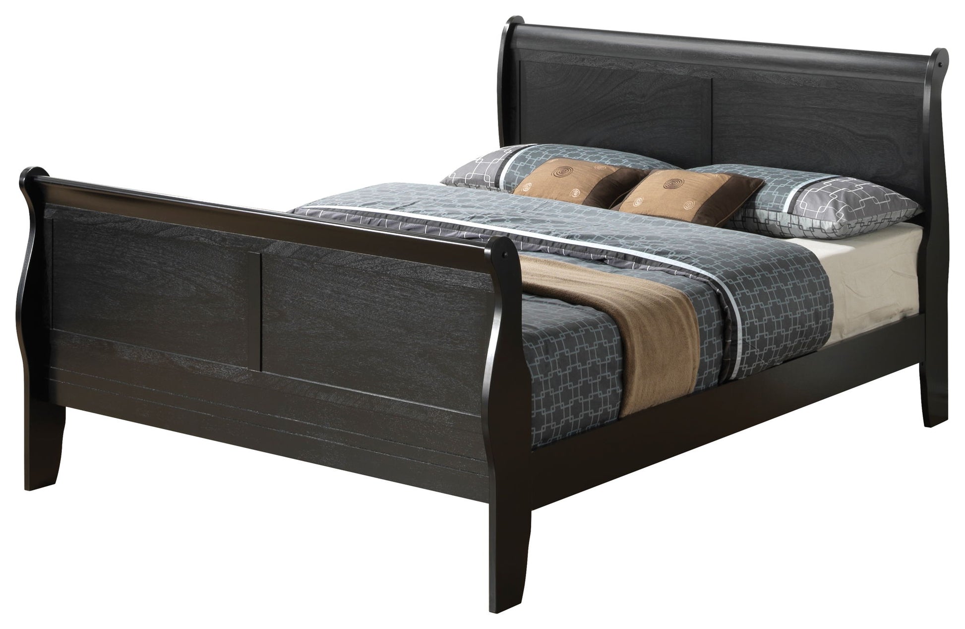 The Panel Sleigh Bed features a dark wood finish, high headboard and footboard, and is dressed in gray and beige bedding with patterned sheets and two matching pillows.