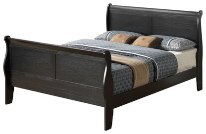 The Panel Sleigh Bed features a dark wood finish, high headboard and footboard, and is dressed in gray and beige bedding with patterned sheets and two matching pillows.