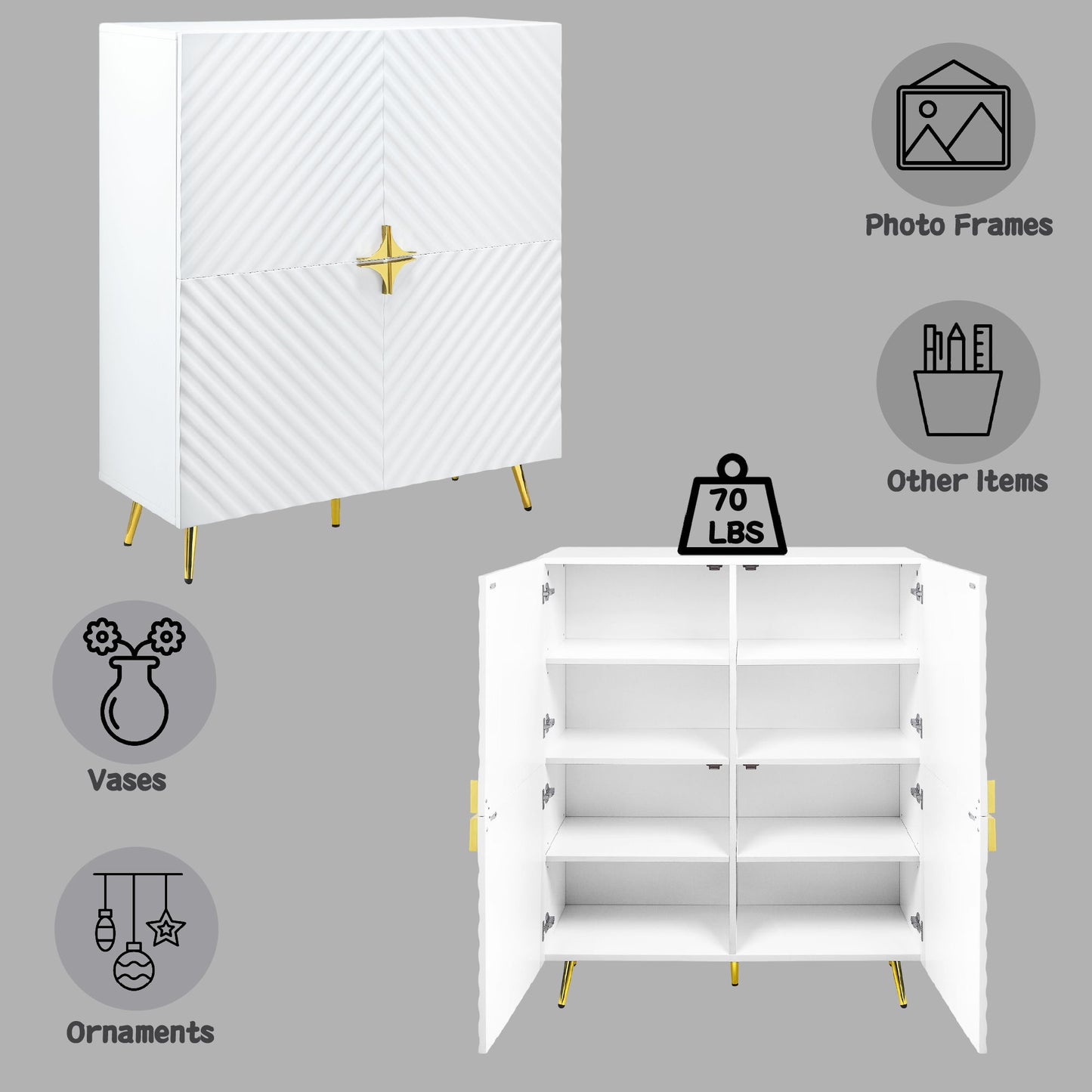The Gaines High Gloss Accent Cabinet, shown in white with gold accents, features shelves for storing vases, ornaments, photo frames, and more. It holds up to 70 lbs. Scene includes labeled storage suggestions on a gray background.