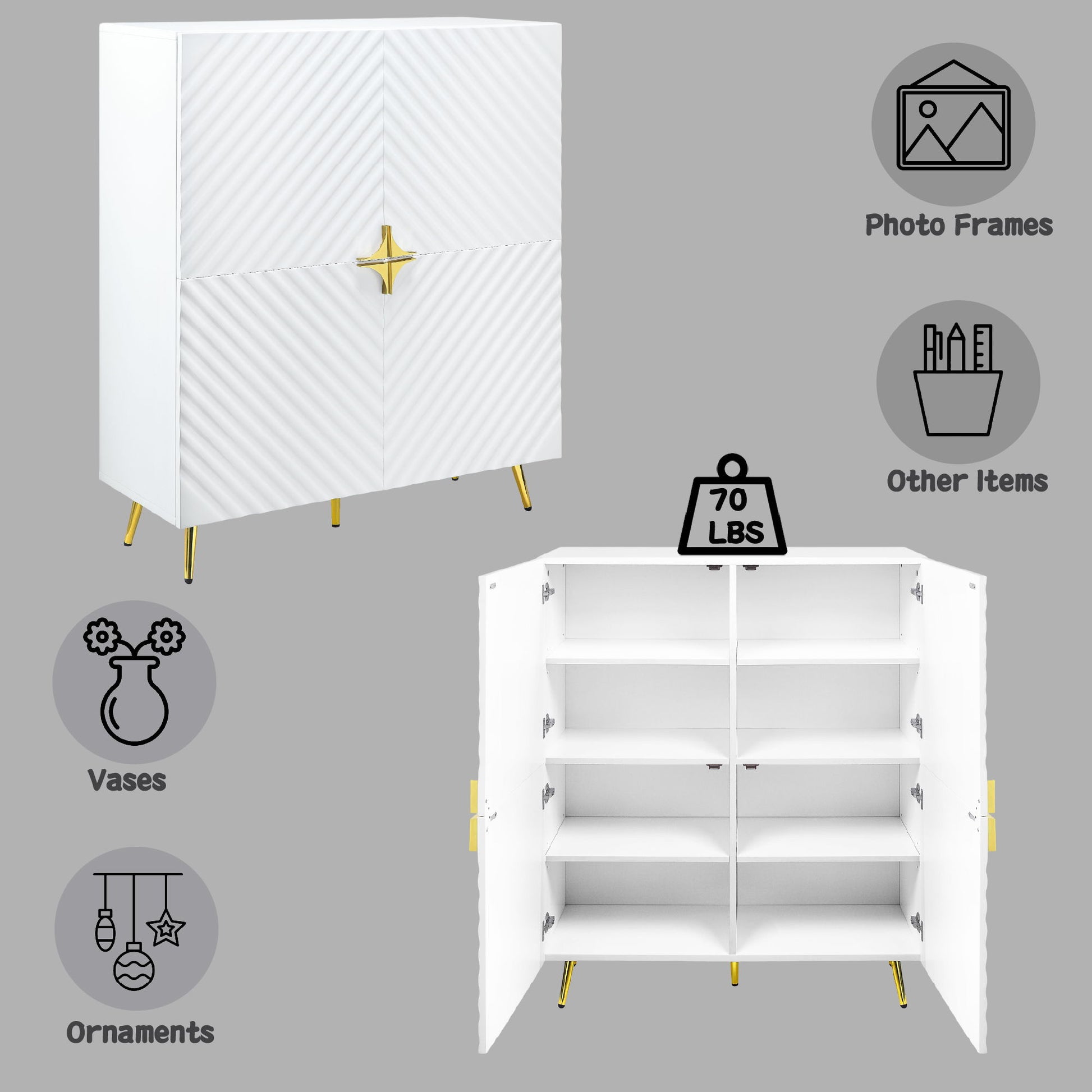 The Gaines High Gloss Accent Cabinet, shown in white with gold accents, features shelves for storing vases, ornaments, photo frames, and more. It holds up to 70 lbs. Scene includes labeled storage suggestions on a gray background.