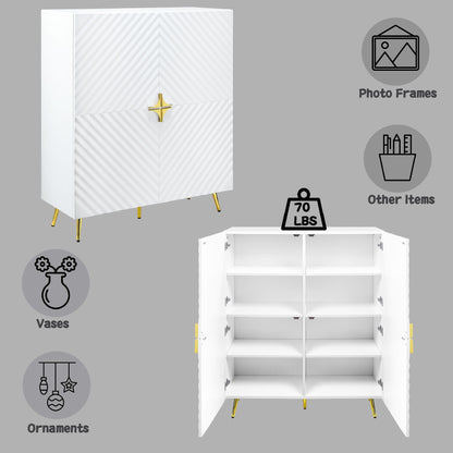 The Gaines High Gloss Accent Cabinet, shown in white with gold accents, features shelves for storing vases, ornaments, photo frames, and more. It holds up to 70 lbs. Scene includes labeled storage suggestions on a gray background.