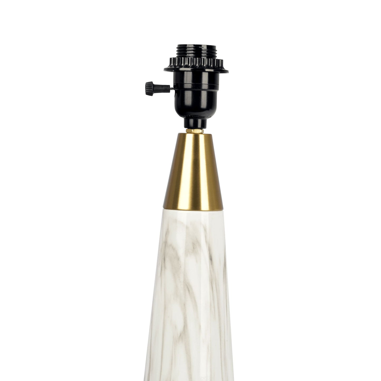 The Enclave Hydro Table Lamp features a faux white marble base, a gold accent near the top, and a black socket, displayed without its shade.