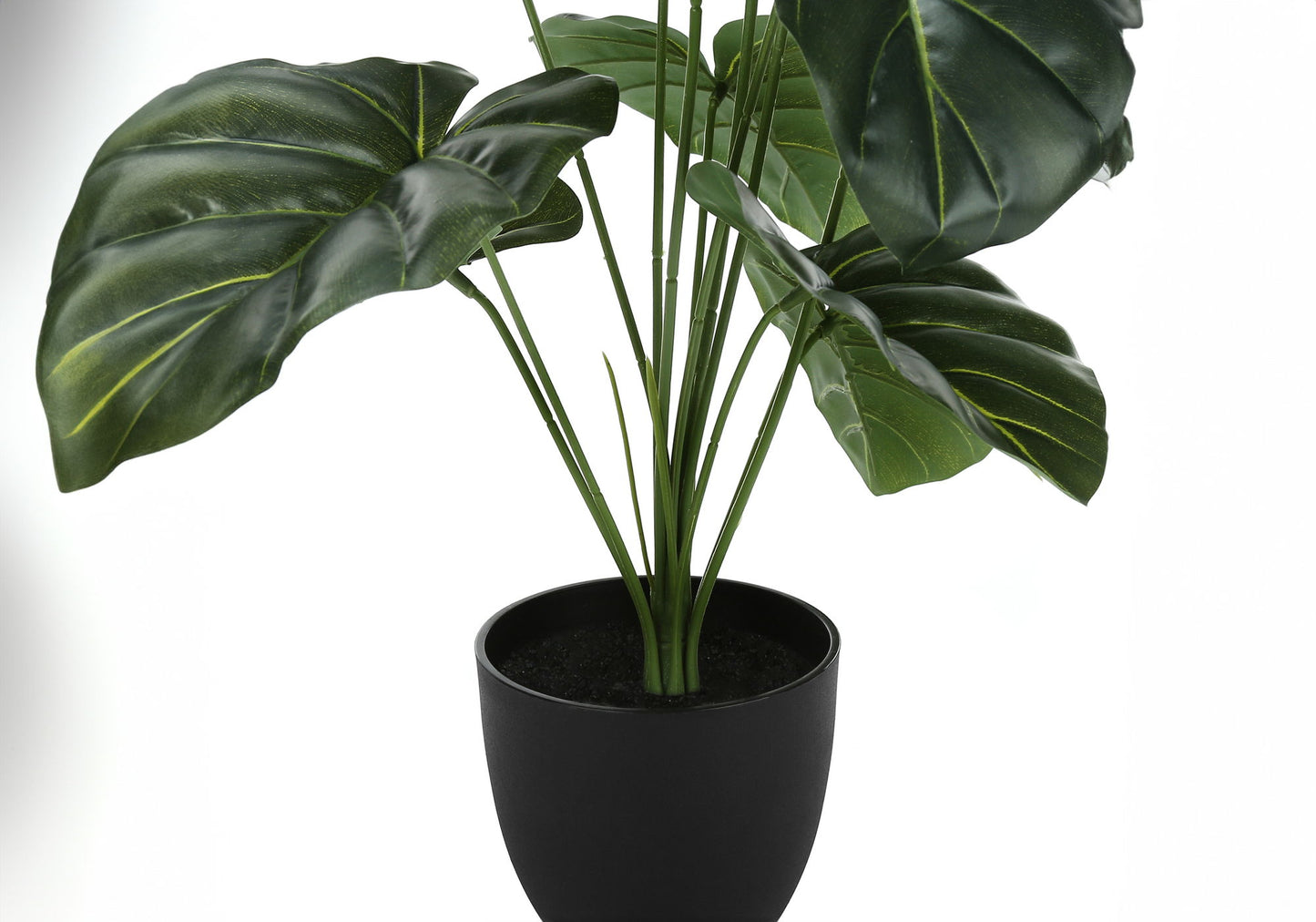 A 24" tall artificial Alocasia plant with real touch, glossy green leaves and slender stems is displayed in a simple black pot, perfect for indoor decor and adding greenery to your table.