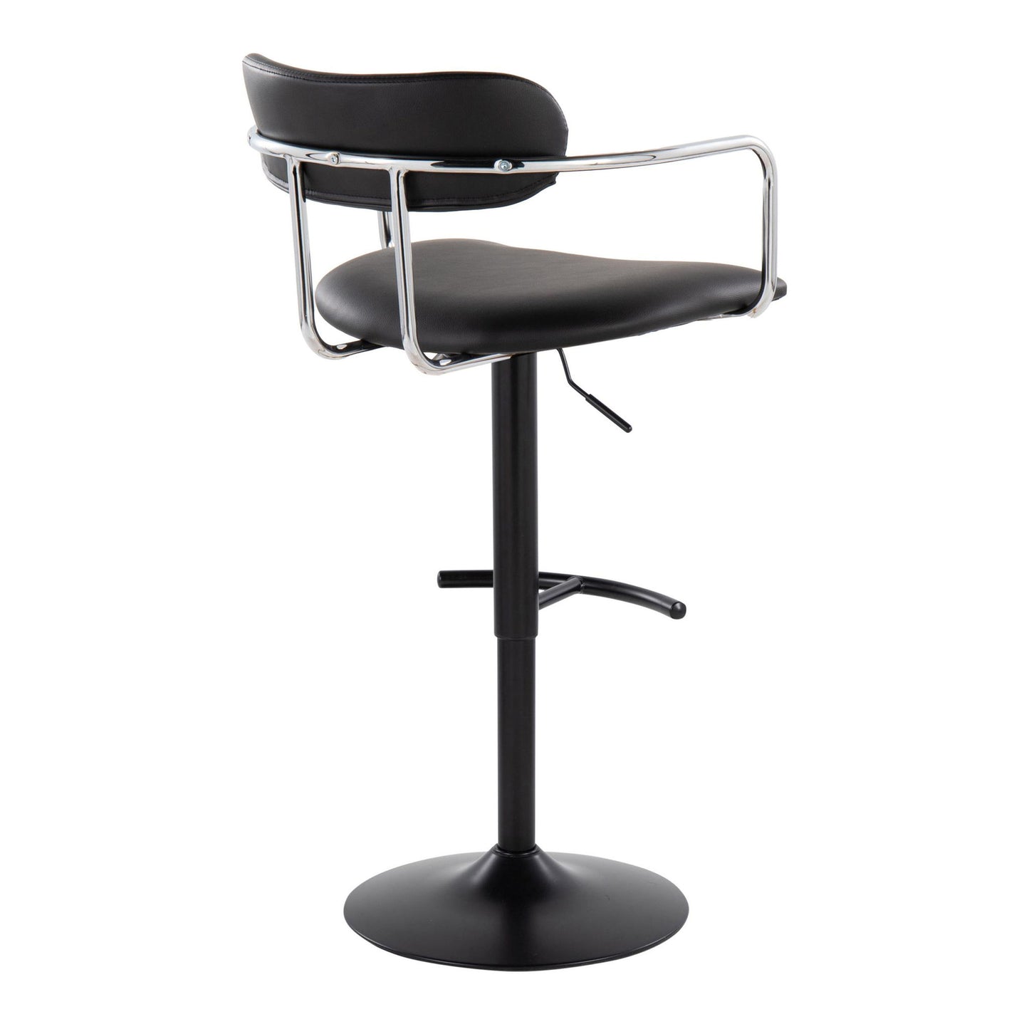The Demi Contemporary Adjustable Height Barstool (Set of 2) features a swivel seat, rounded T footrest, sleek black curved seat, chrome armrests and backrest, adjustable lever, and round black base for a modern look.