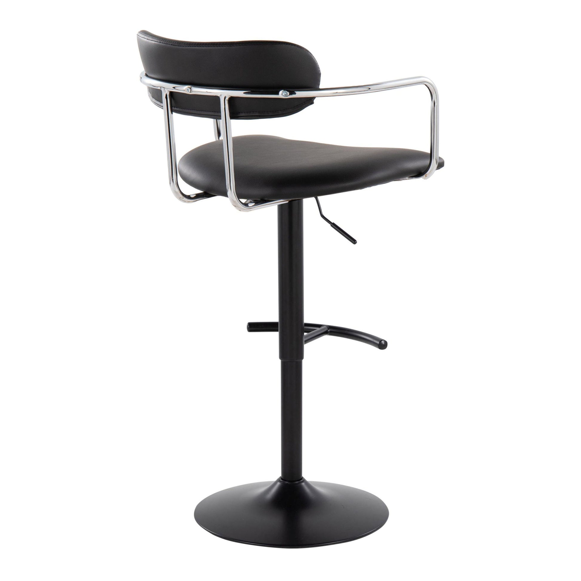The Demi Contemporary Adjustable Height Barstool (Set of 2) features a swivel seat, rounded T footrest, sleek black curved seat, chrome armrests and backrest, adjustable lever, and round black base for a modern look.