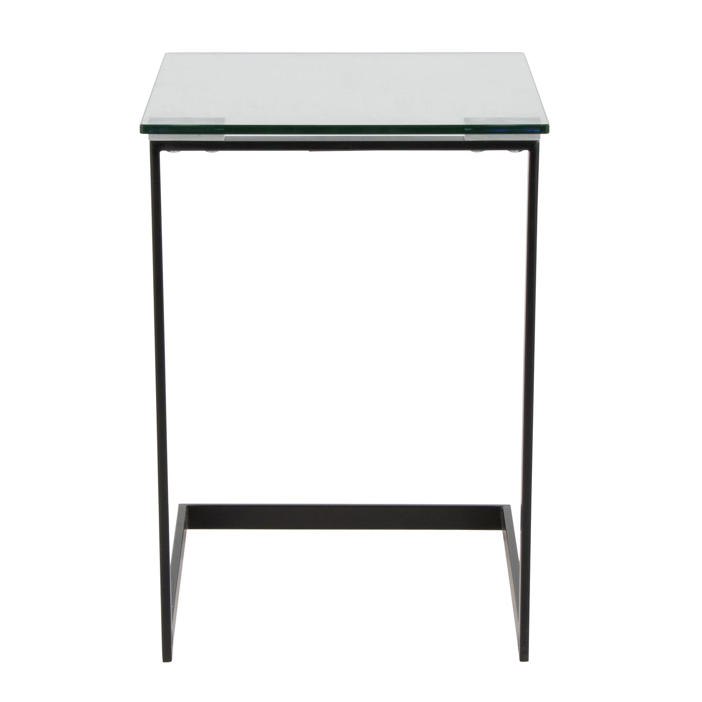 The Zenn - Contemporary End Table features a clear glass rectangular top and a minimalist black metal frame, shown from the front against a white background.