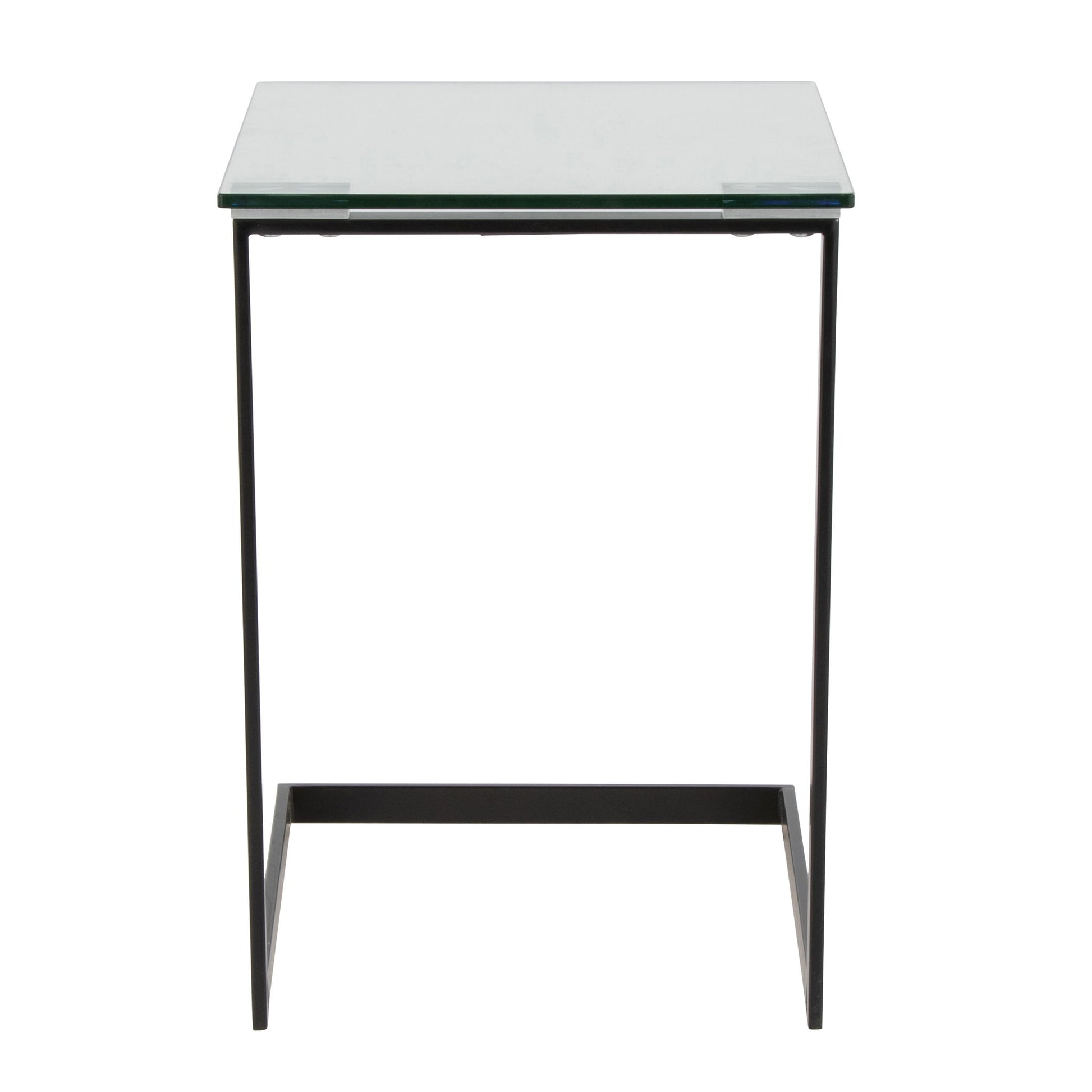 The Zenn - Contemporary End Table features a clear glass rectangular top and a minimalist black metal frame, shown from the front against a white background.