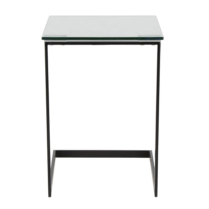 The Zenn - Contemporary End Table features a clear glass rectangular top and a minimalist black metal frame, shown from the front against a white background.
