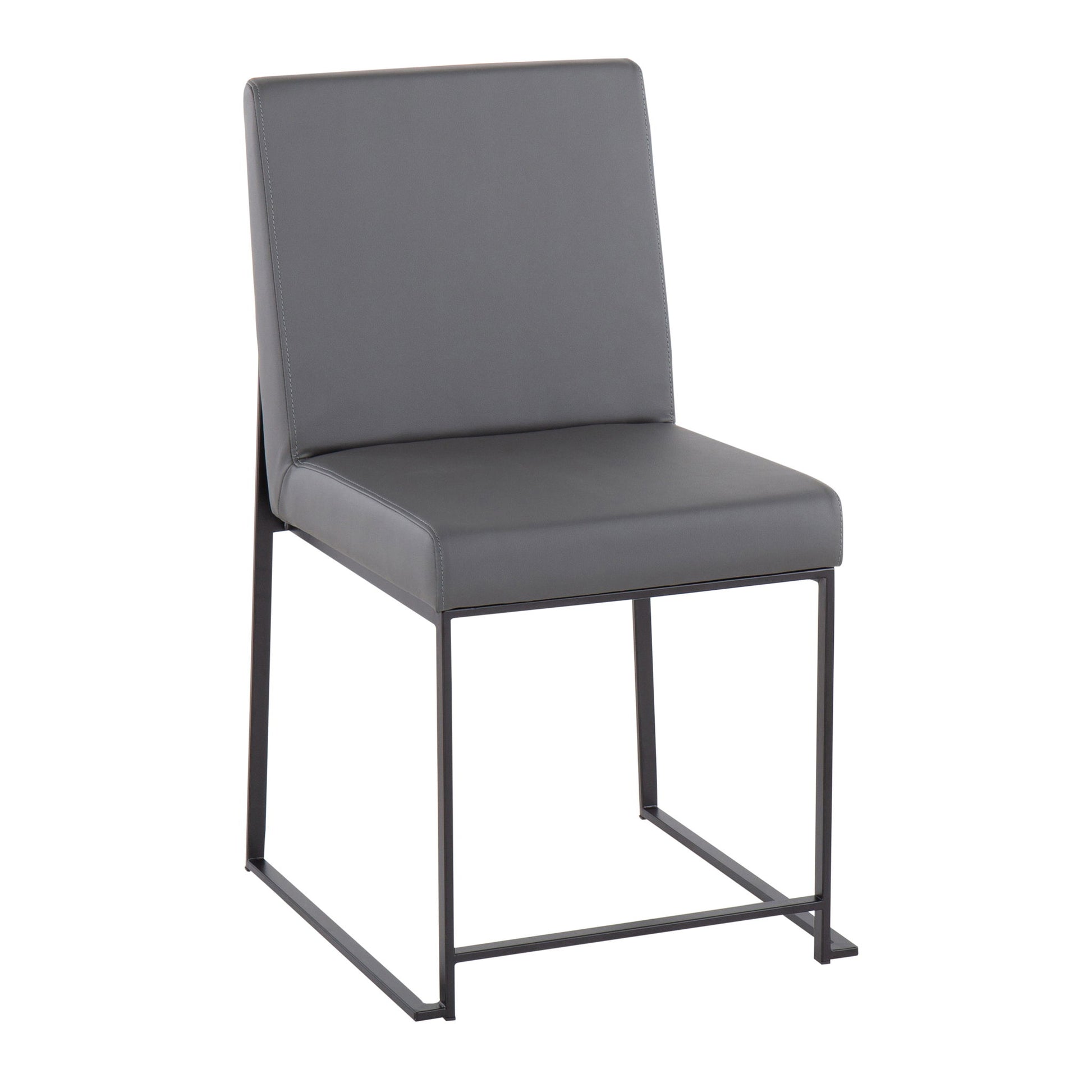 The Fuji set includes two contemporary dining chairs featuring a high back, gray upholstered seat and backrest, and a minimalist black metal sled-style frame for modern elegance.