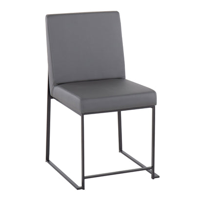 The Fuji set includes two contemporary dining chairs featuring a high back, gray upholstered seat and backrest, and a minimalist black metal sled-style frame for modern elegance.