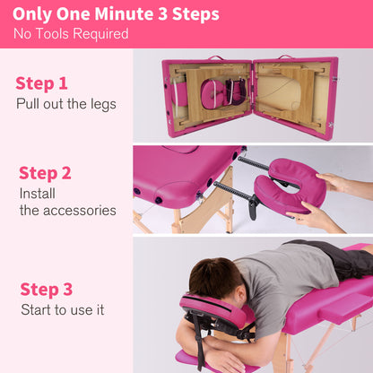 A step-by-step guide shows assembling the Massage Table Portable Massage Bed with Carrying Case – Rose: 1. Pull out the legs; 2. Install accessories; 3. Lie face down. "Only One Minute, 3 Steps, No Tools Required.