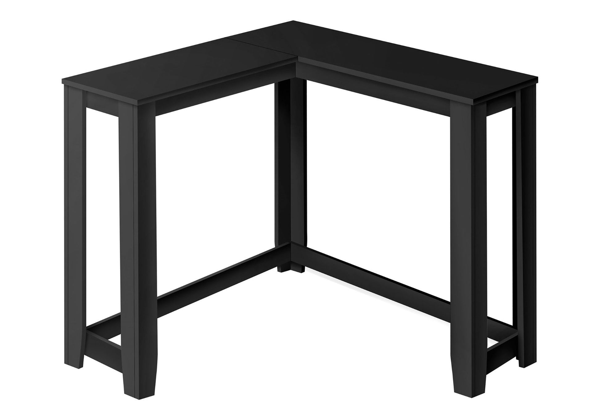 A black Corner Accent Console Table for entryway, featuring a unique, contemporary modern L-shaped design with straight legs and flat surface—perfect for home or office use.