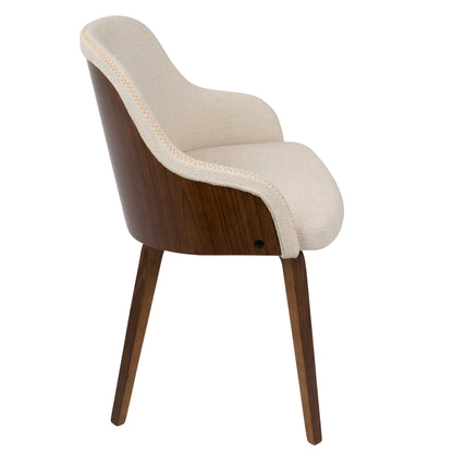The Bacci - Mid Century Modern Dining Chair features a curved back, armrests, beige fabric upholstery, a wooden outer shell, and angled wooden legs, blending contemporary and mid-century design elements.
