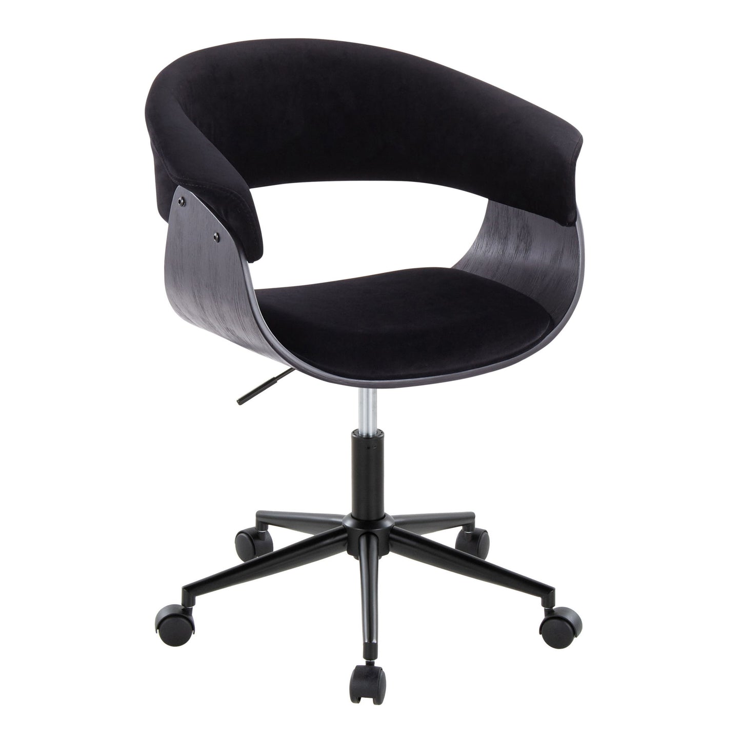 The Vintage Mod - Mid Century Modern Office Chair features a modern black design with a curved backrest, open sides, and five caster wheels on a metal base. Its seat has a sleek, minimalist style perfect for any office.