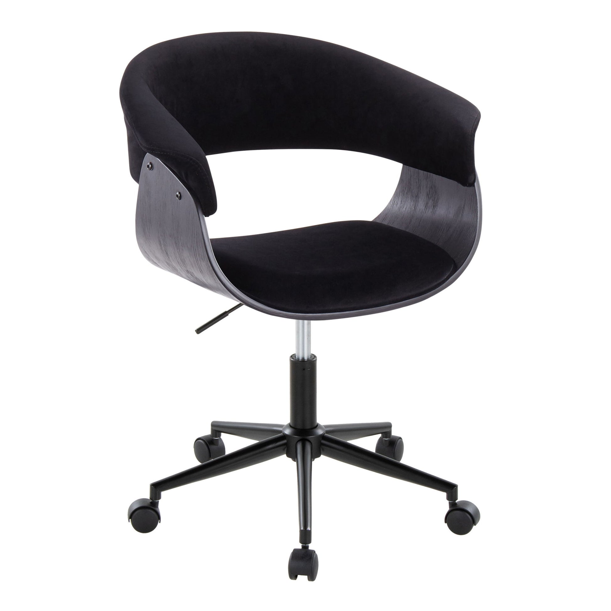 The Vintage Mod - Mid Century Modern Office Chair features a modern black design with a curved backrest, open sides, and five caster wheels on a metal base. Its seat has a sleek, minimalist style perfect for any office.