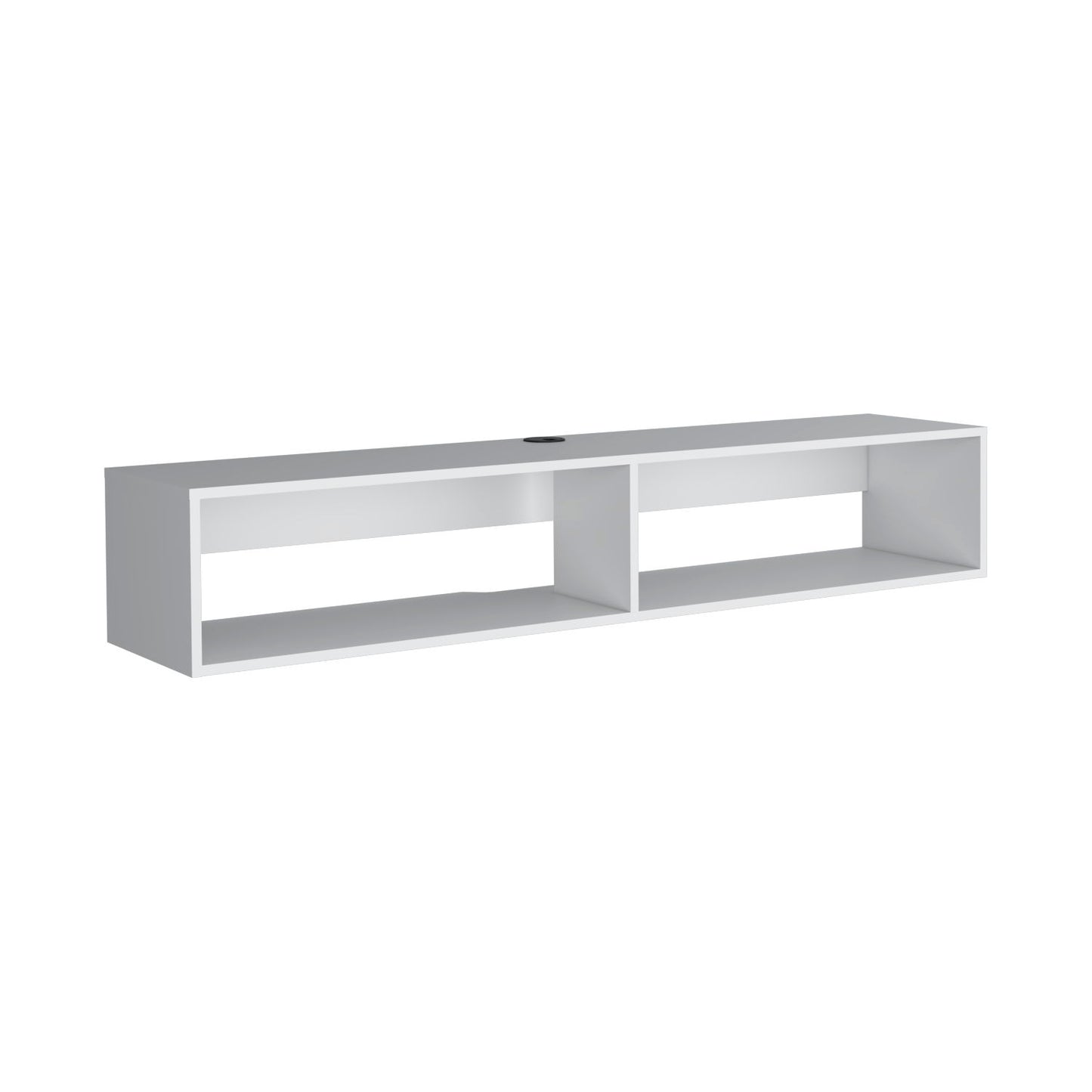 The Moore Floating TV Stand is a white, rectangular wall shelf featuring two open compartments and a round cable management hole at the back.