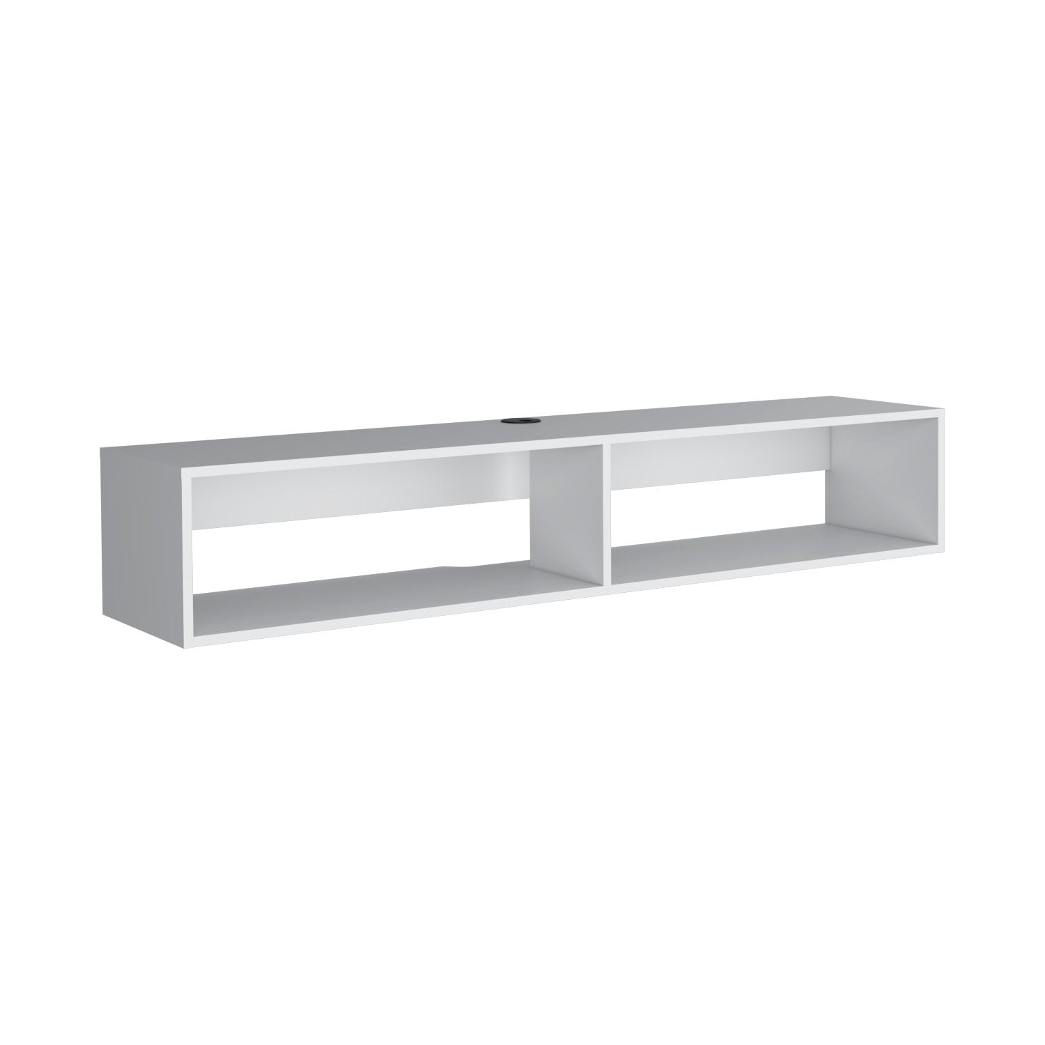 The Moore Floating TV Stand is a white, rectangular wall shelf featuring two open compartments and a round cable management hole at the back.