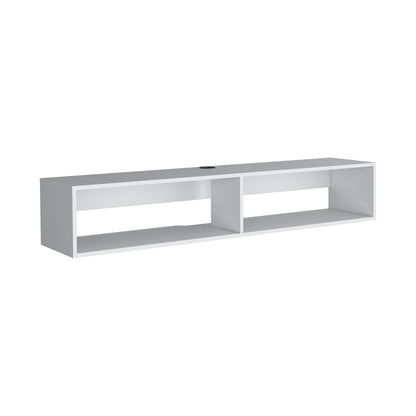 The Moore Floating TV Stand is a white, rectangular wall shelf featuring two open compartments and a round cable management hole at the back.