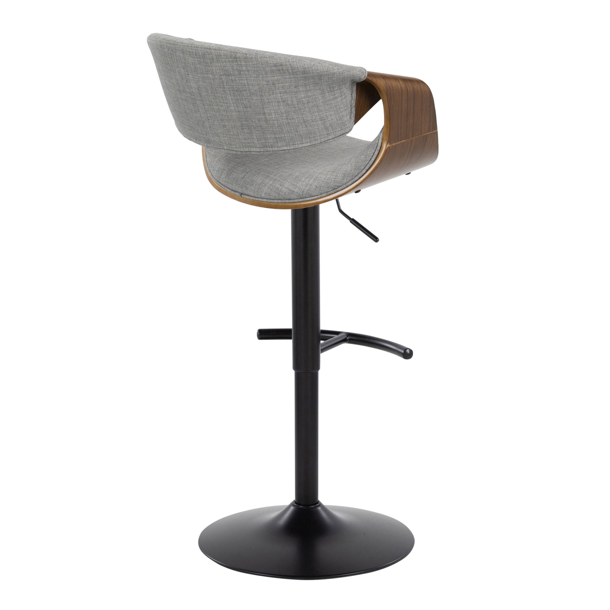 The Curvo Mid Century Modern Adjustable Barstool features a curved wooden back, light gray cushioned seat and back, black metal pedestal base, and a rounded T footrest—shown here from the back. Comes as a set of 2 with swivel functionality.